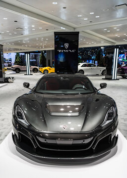 New York City, USA - March 27, 2024: Rimac Nevera supercar electric car at New York International Auto Show, front view