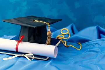  A professional 4K UHD photograph of a graduation cap and diploma, showcasing exceptional sharpness and a captivating blue background.