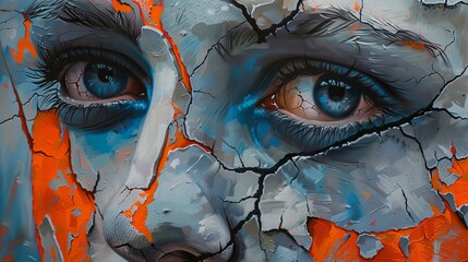 Close-up of cracked paint on human face with blue eyes and orange accents, artistic expression concept