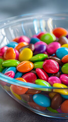 Bowl of colorful candy-coated chocolates on a table, close-up view. Sweet treat and fun concept