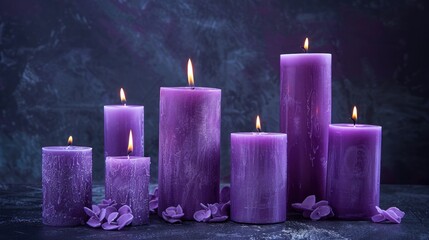 Elegant violet wax candles glowing on a dark backdrop Items for a somber occasion