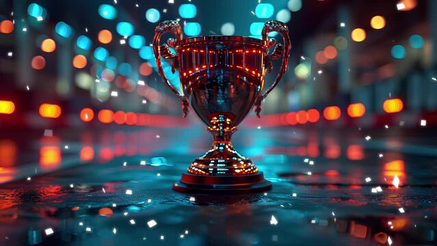 gold trophy cup background with colorful lights with confetti effect.