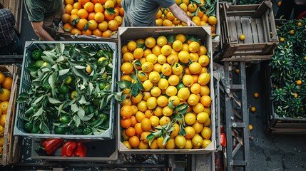 Lemon crates loaded onto a truck for shipment, surrounded by fresh produce and busy workers