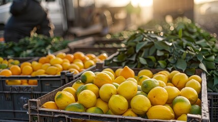 Lemon crates loaded onto a truck for shipment, surrounded by fresh produce and busy workers