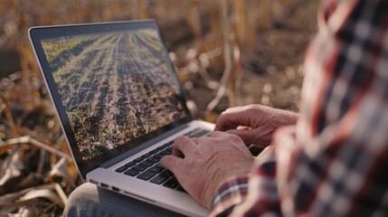 A farmer uses a laptop to analyze digital soil maps helping to optimize crop yield and reduce waste.