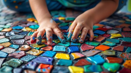 Intricate close-up of a child's hands creating a multicolored clay mosaic, each piece carefully placed