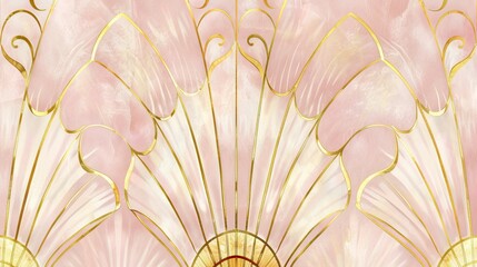 Blush pink background with gold art deco motifs.