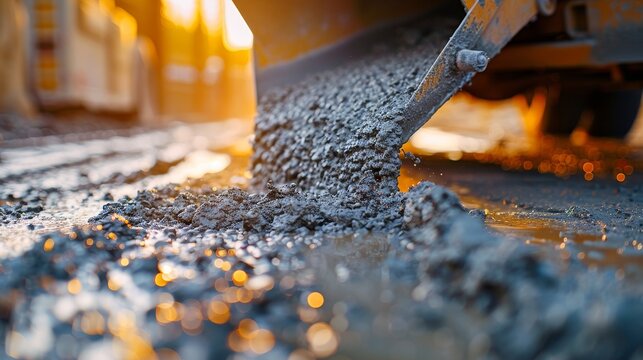 Intense close-up of concrete being poured from a mixer truck, showing the texture and flow of the cement mix