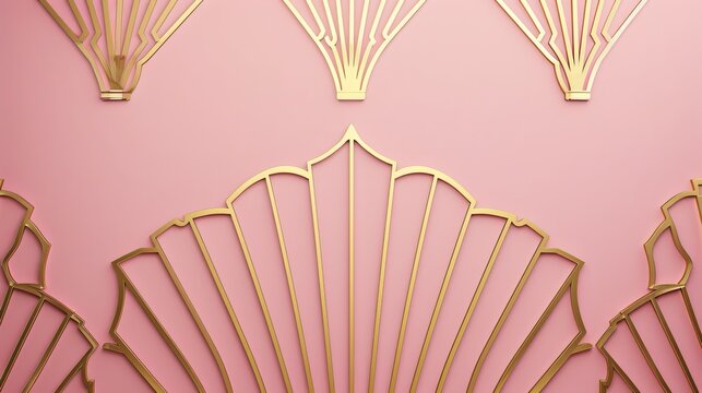 Blush pink background with gold art deco motifs.