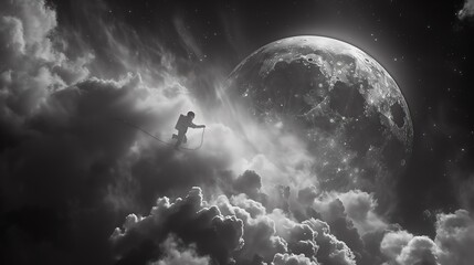 Obraz premium A surreal black and white image of an astronaut floating amidst clouds, vacuuming the surface of the moon. This imaginative scene combines elements of space exploration with whimsical creativity.