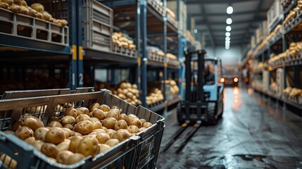 Industrial warehouse scene with packed crates of strawberries on pallets, forklift in the background