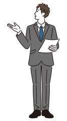 手のひらを広げて案内する若いビジネスマンのイラスト