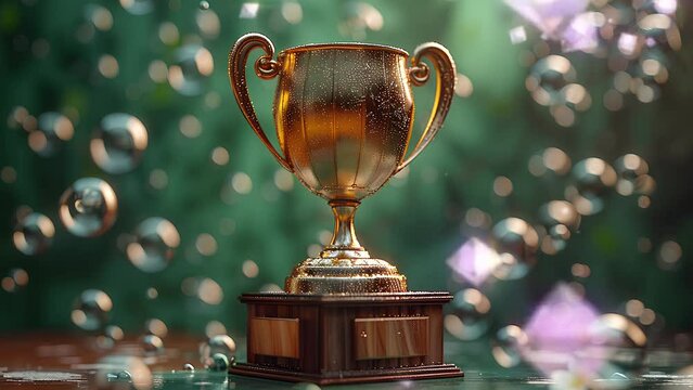 Classic trophy cup, blur background and confetti effect.