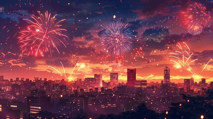 Fototapeta premium Fireworks display over a city skyline, night sky, celebration