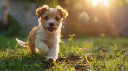 Cute puppy playing in a garden, bright and cheerful, summer vibes