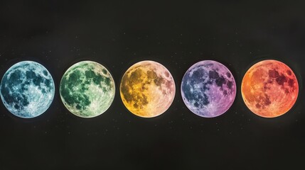 Row of five full moons in different colors against black starry sky. Space and astronomy concept