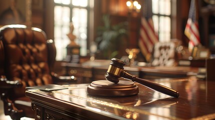 Gavel resting on a judge's desk, close-up shot capturing the weight of justice, with courtroom elements in soft focus