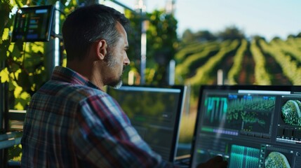 From his office a vineyard owner remotely adjusts irrigation and pesticide application based on realtime data collected from sensors p throughout the vineyard.