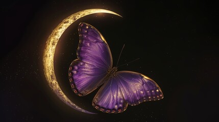 Purple butterfly flying next to golden crescent moon against starry night sky, fantasy and dream concept