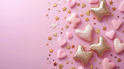 Romantic pink background with gold hearts and stars.