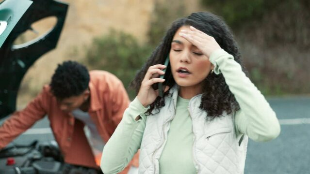 Road, couple and phone call for car breakdown with engine fail, gas or travel disaster, battery or stress. Girl, smartphone and conversation for assistance help, emergency or insurance claim