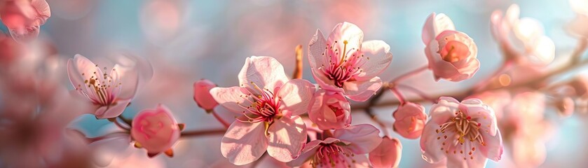 A blossoming cherry blossom tree against a clear blue sky , Emphasize the delicate petals in a soft, dreamy light