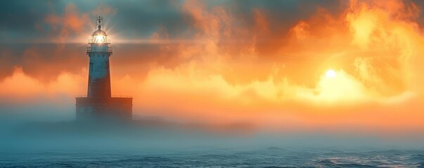 Fototapeta premium A majestic, towering lighthouse in the mist at sunrise , Capture the intricate details of the rustic brick texture