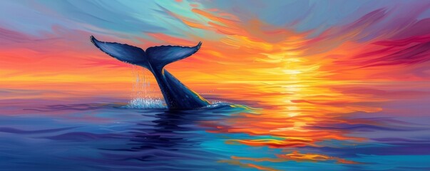 Whale tail in ocean at sunset with vibrant sky, nature and wildlife concept