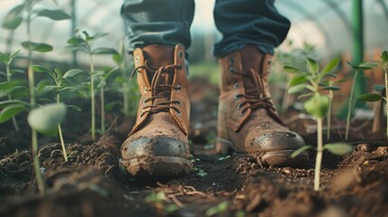 Focused shot of boots entering a greenhouse, small saplings and green sprouts, soft light and earthy textures