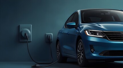 Blue electric car connected to charger on blue background.generative.ai 