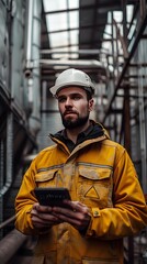 Hardworking Industrial Worker in Yellow Uniform Holding Digital Tablet on Construction Site