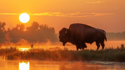 A buffalo is walking across a frozen lake at sunset