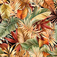 An intricate seamless pattern showcasing exotic leaves such as calathea, bird of paradise, and palm fronds artistically arranged for a cohesive layout