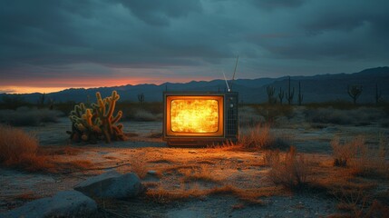 Old television in a desert landscape at sunset, surreal concept