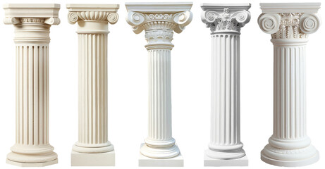 Fototapeta premium Antique White Greek pillar set isolated on Transparent background. Architectural white columns Ionic.