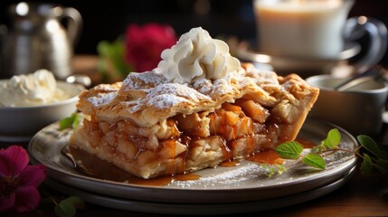 sweet apple pie with white sugar sprinkles on a wooden tray and blurred background