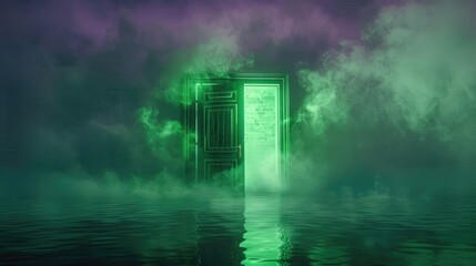green door floating in the middle of lake, green smoke around it, reflection on water surface, night time, purple sky, green light inside room, green glowing door - Powered by Adobe