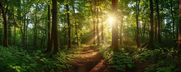 green forest with trees and sunlight shining through the leaves, path in woods, nature background panorama