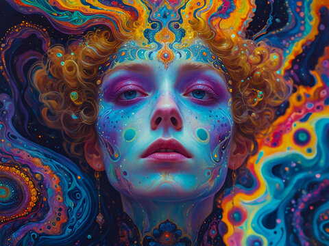 A Vibrant Oil Painting Portrait of a Woman Immersed in a Sea of Luminous and Abstract Shapes, AI Generative