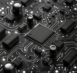 Fototapeta premium Black line pattern on computer technology chip background in isometric geometry style