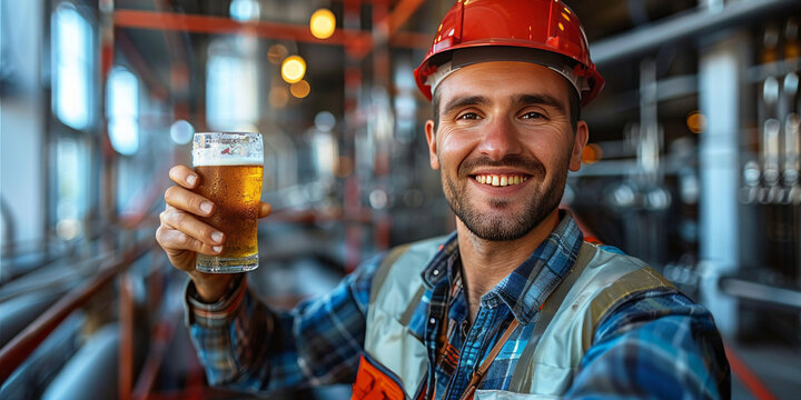 Construction Worker Toasts to Completed Skyscrape,Labor Day Celebration, blurred background,golden hour,sunset