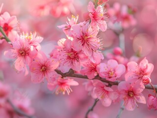 Fototapeta premium Beautiful close-up of delicate pink cherry blossoms in full bloom on a sunny spring day, showcasing nature's vibrant colors and fresh blossoms.