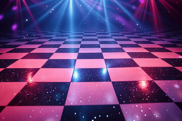 Party dance and dancing floor made of checkered tiles and shining spot lights with sparkles and luminous reflections as a fun disco music related entertainment background for an announcement or festiv
