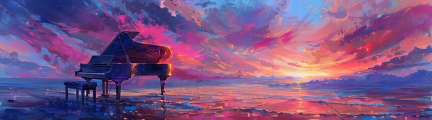 Piano in the desert, psychedelic, abstract illustration, oil painting in the style of surrealism, concept art, cinematic, beautiful composition, sunset