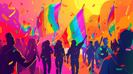 People with rainbow color flags in Pride month parade celebration.Pride month concept.