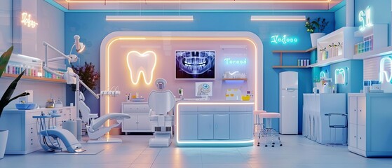 Obraz premium Futuristic dental clinic with neon lights and modern equipment, ready for patient care in a vibrant, clean environment.