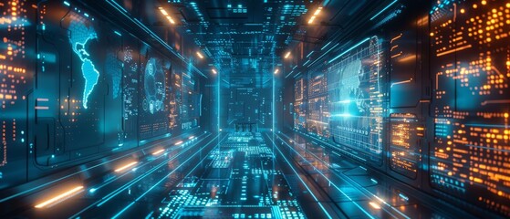 Futuristic digital data center with bright blue and orange lights, representing cloud computing, big data, and connectivity technologies.