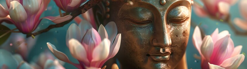 buddha head with magnolia flowers, cinematic lighting, colorful, spiritual figures