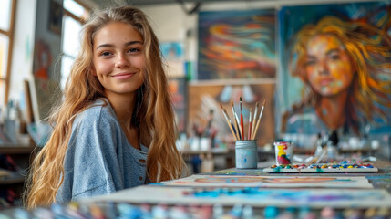 Fototapeta premium Art Class Creativity: Students Painting and Drawing in Art Studio