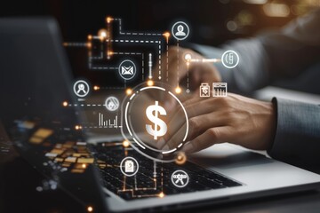 virtual currency, cash flow, investment finance, Merchants use laptop and online shopping ICONS for shopping bags with money bags, online shopping concepts,